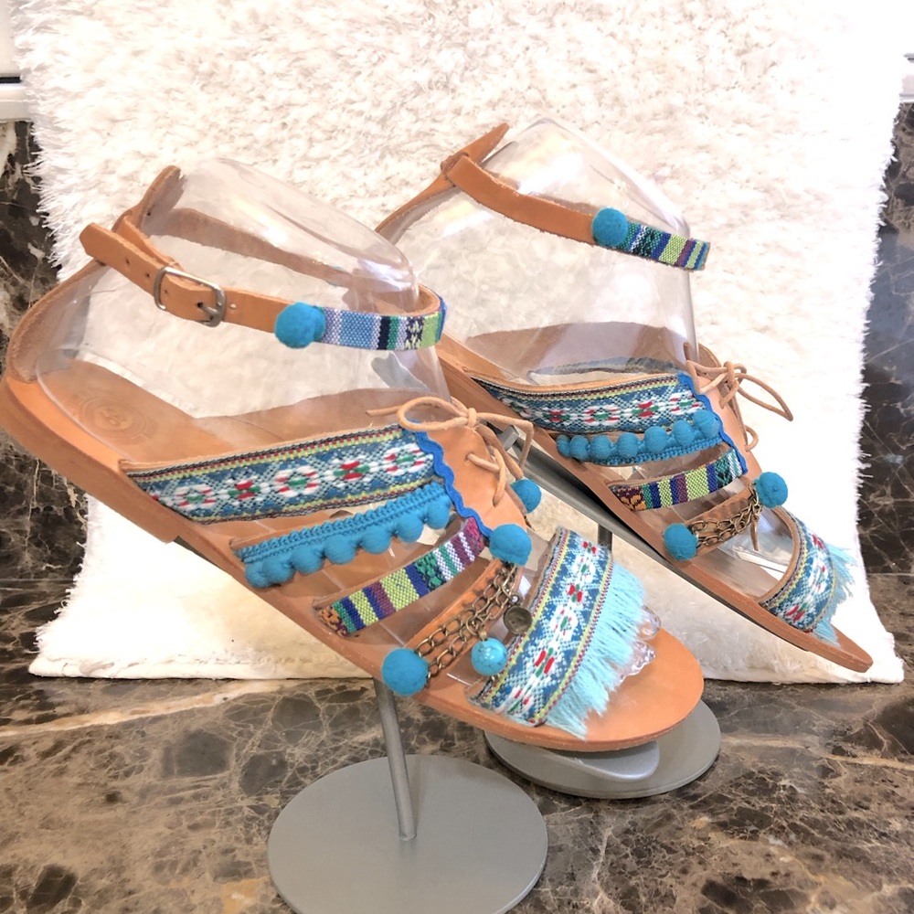 Embellished Greek Leather POMPOM Sandals-Sz 39/8.5